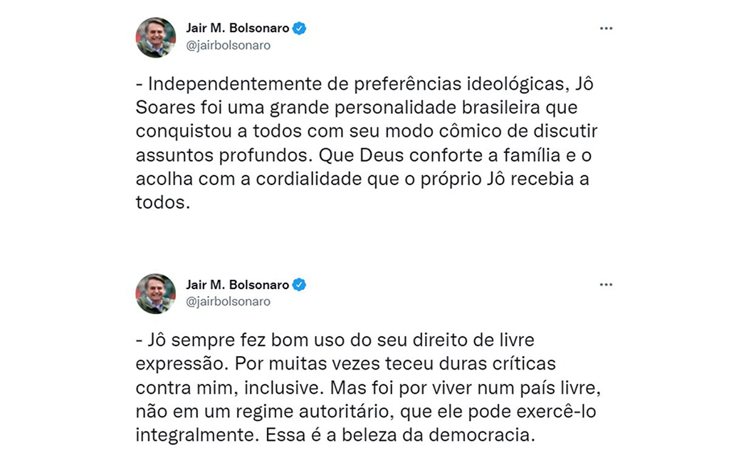 presidente Jair Bolsonaro (PL) lamentou, em suas redes sociais, a morte do apresentador Jô Soares