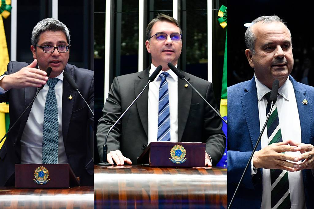 Senadores Carlos Portinho, Rogério Marinho e Flávio Bolsonaro (Foto: Roque de Sá, Waldemir Barreto /Agência Senado)