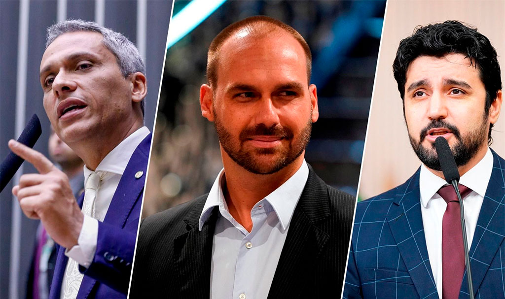 Deputado Gustavo Gayer (PL-GO), o Deputado Eduardo Bolsonaro (PL-SP) e o pré-candidato a prefeito por Goiânia Fred Rodrigues (PL-GO) - Foto: Assessoria de Imprensa do Deputado