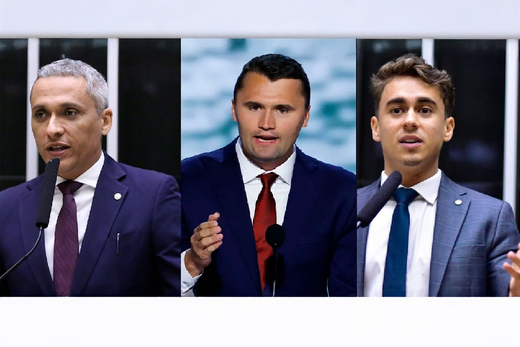 Deputado federal Gustavo Gayer (PL-GO), influenciador cristão e conservador norte-americano Charlie Kirk e o deputado Nikolas Ferreira (PL-MG) - Foto: divulgação/Agência Câmara de Notícias